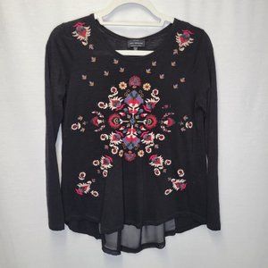 Lucky Brand Women's XS Shirt Top Black Embroidered Sheer Back Long Sleeve